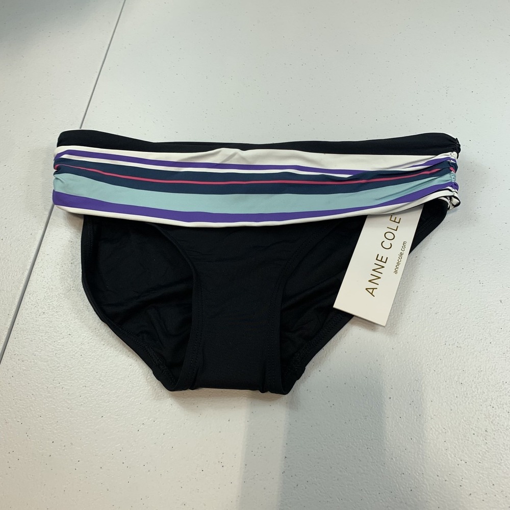 Anne Cole Women's Swim Bikini Bottom XS Black Striped Fold Over Band Multicolor